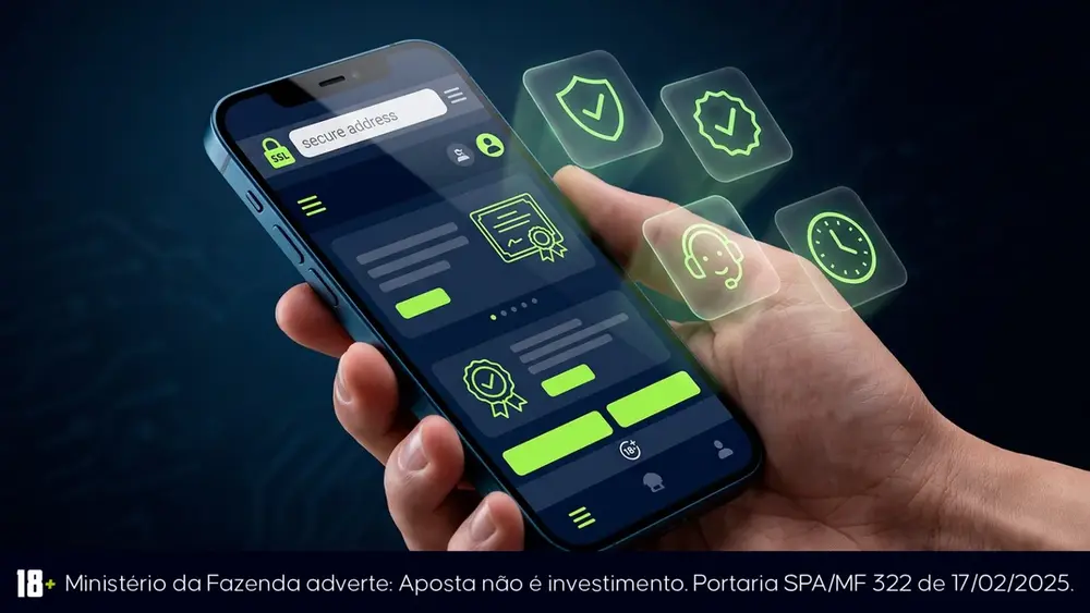 Celular com selos de segurança e verificação em tela de plataforma de apostas